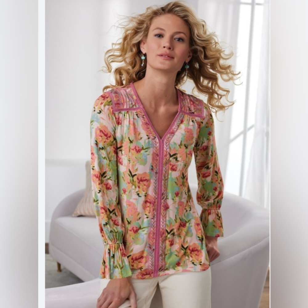Women’s Soft Surroundings Essex Floral Embroidered Tunic Top Size Large